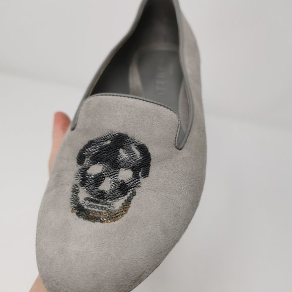 Alexander McQueen Grey Suede Flats Loafers With Sequin Skulls - Picture 5 of 10